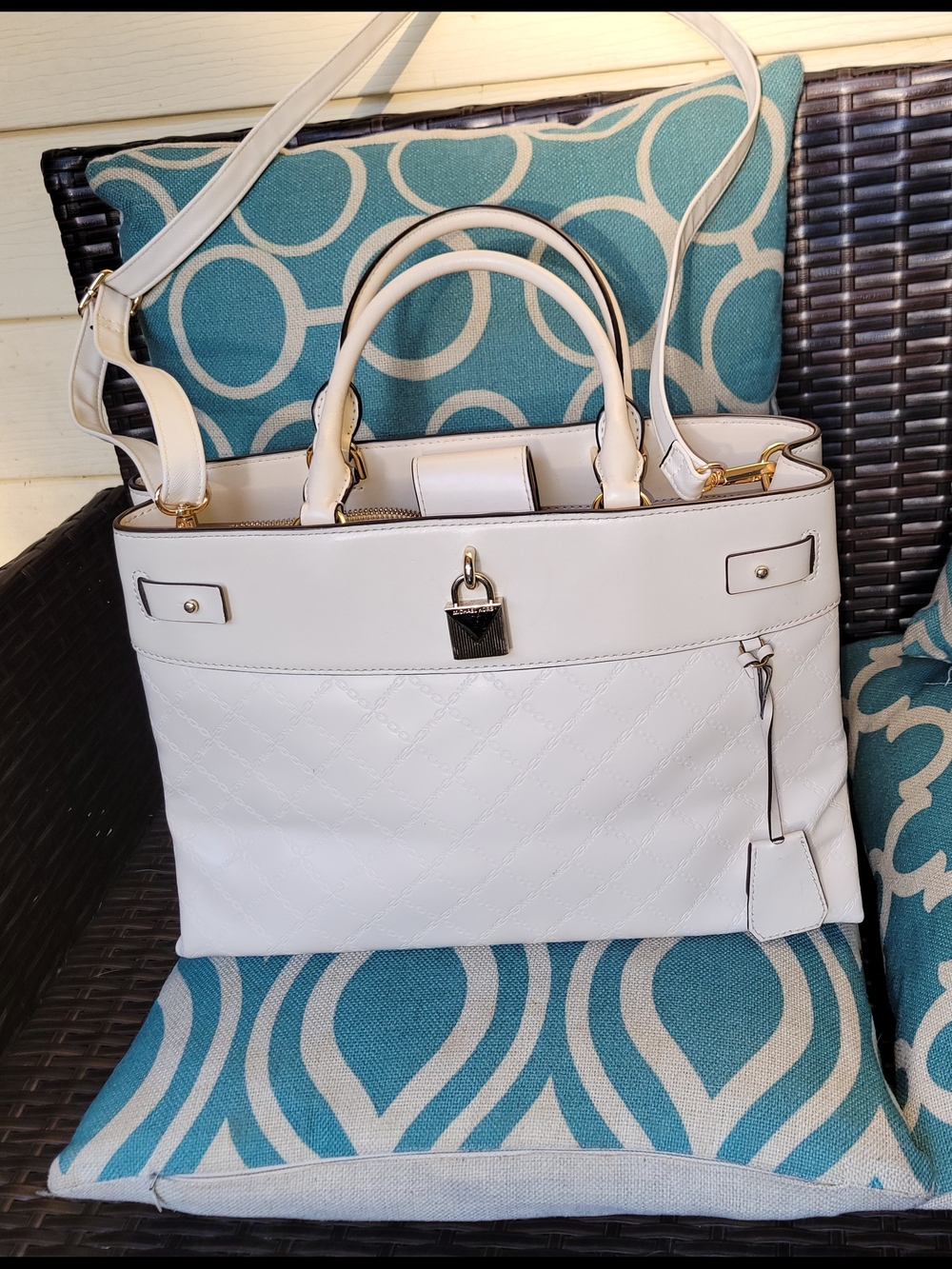 Michael Kors Gramacy Large Chain Embossed Leather Satchel Cream Bag New With Tag